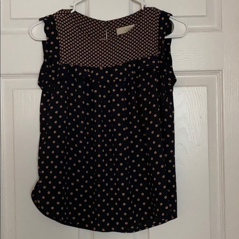 NWOT loft navy blue with mustard dots ruffle top